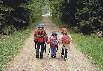 Drei kleine Kinder im Alter von etwa zwei bis fünf laufen einen waldweg entlang. mit dem Rücken zum Betrachter